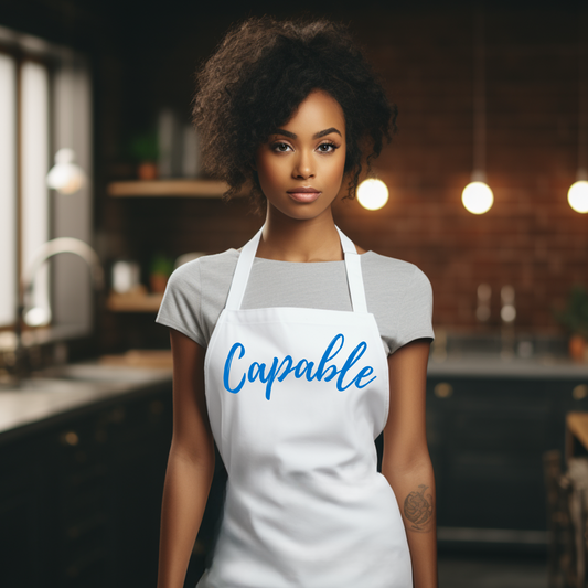Capable Apron White with Blue Lettering